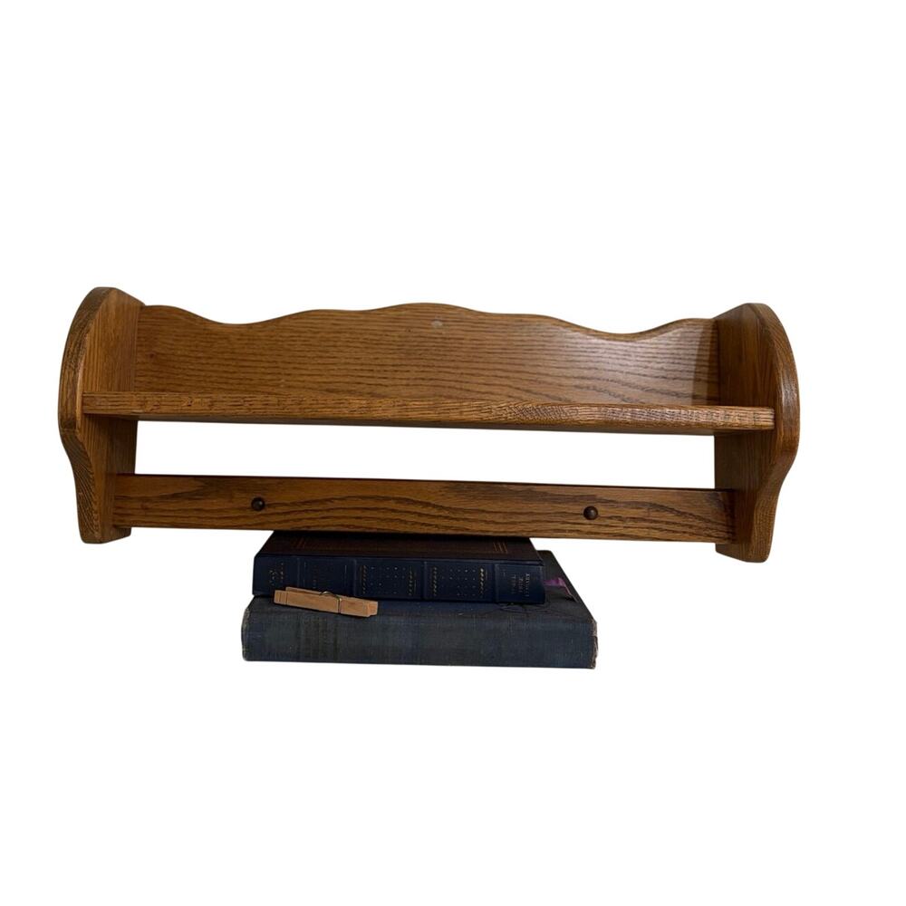 Vintage Oak Wall Shelf Scalloped Top Edge Built In Lower Wooden Bar Country